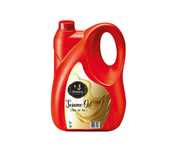Image of a 5-liter jerry can pack of Mridang Sesame Gingelly Til oil, showcasing the brand logo and product label."