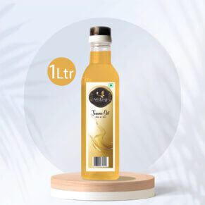 Image of Mridang Sesame Oil (Til Oil) 1 Litre bottle, showcasing the brand name and product packaging