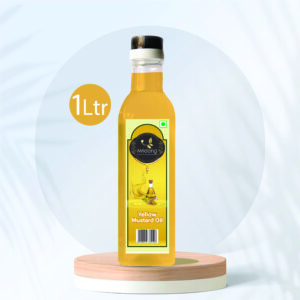 "1-liter bottle of Mridang Premium Yellow Mustard Oil (Pili Sarson Ka Tel), showcasing the brand name and product description on the label. The bottle is likely transparent, revealing the golden hue of the mustard oil inside. The label emphasizes the premium quality of the oil."